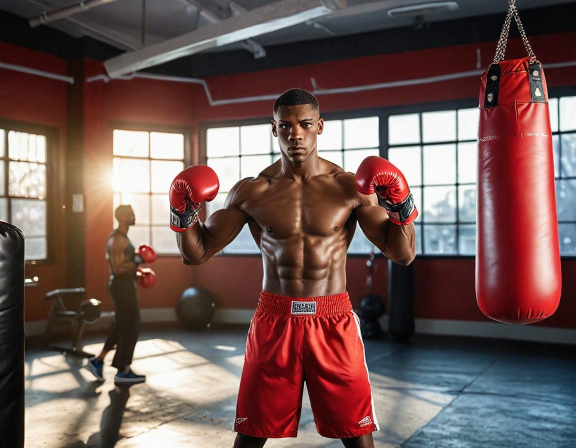 A powerful boxer in a dynamic training pose, wearing striking red boxing gloves, exuding confidence and determination. In the background, a vibrant gym setting with motivational posters and training equipment. The scene should include a punching bag swinging and rays of sunlight filtering in, symbolizing strength and perseverance. Capture the essence of empowerment and resilience. super-realistic. vibrant colors.