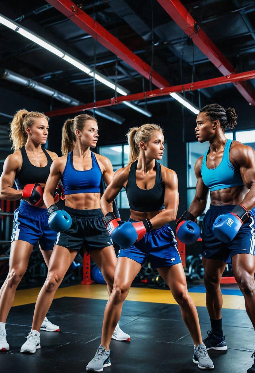 A dynamic scene of a diverse group of athletes engaged in sparring, showcasing their determination and strength. The focus should be on their high-quality equipment like gloves, headgear, and protective gear, highlighting the importance of using the right tools for performance. The background features vibrant gym elements, such as weights, mats, and motivational posters. The athletes display a variety of techniques and expressions, conveying energy and focus. super-realistic. vibrant colors. action-packed.