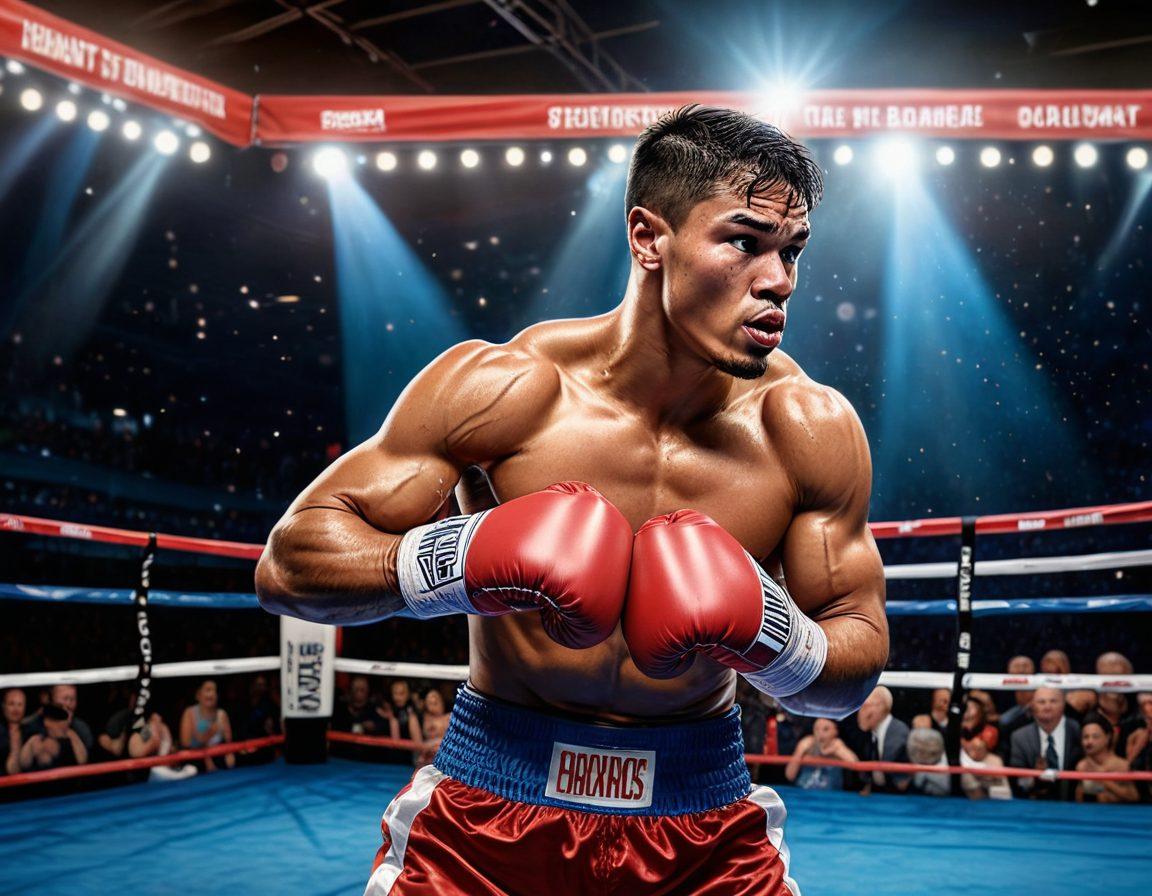 A fierce boxer in mid-punch, showcasing intense focus and determination, with a boxing ring in the background illuminated by bright lights. Surrounding the ring, a cheering crowd and motivational quotes about training and perseverance displayed on banners. The atmosphere is dynamic and energetic, emphasizing the spirit of boxing. vibrant colors. super-realistic.